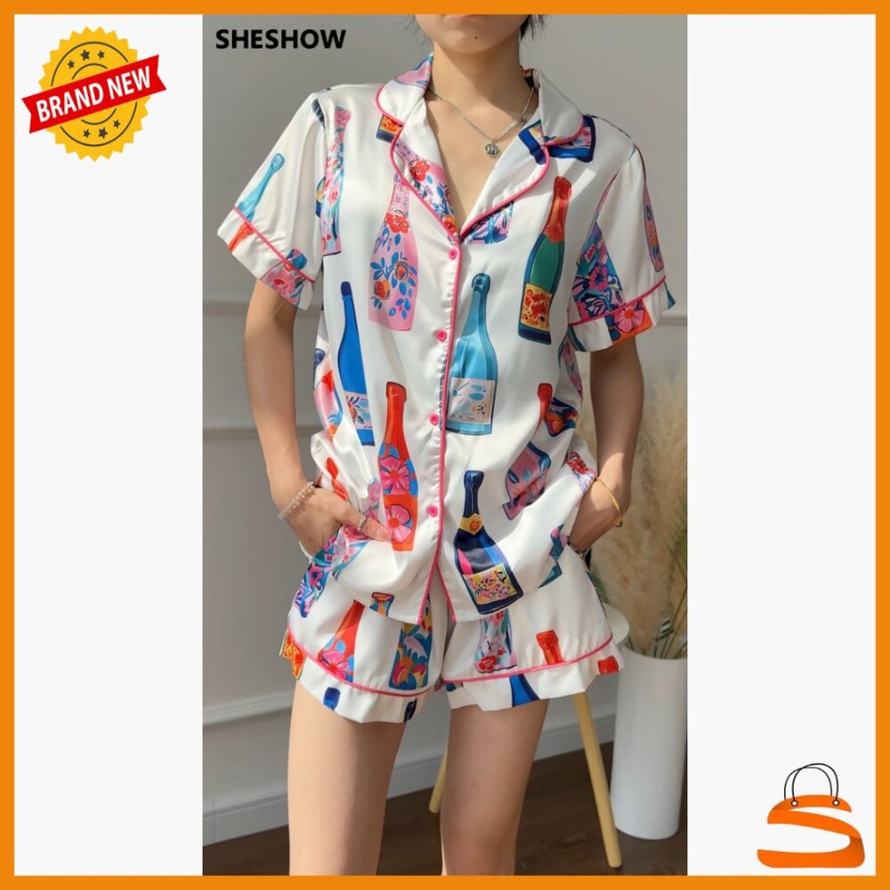 Satin Pajama Set Short Sleeve Shorts 2 Piece Loungewear Women's XS-XXL - Picture 7 of 7